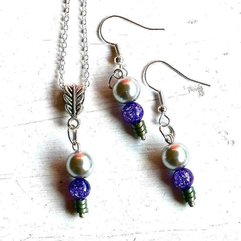 Purple and silver necklace and earrings set