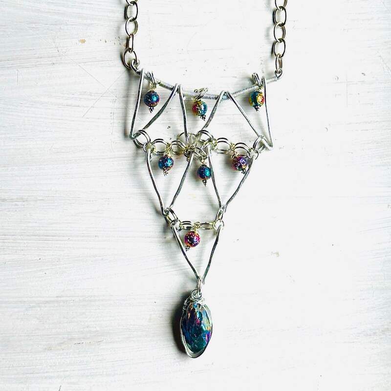 Bib necklace with multicolor titanium plated lava stones and the drop focal is multi color lustre quartz