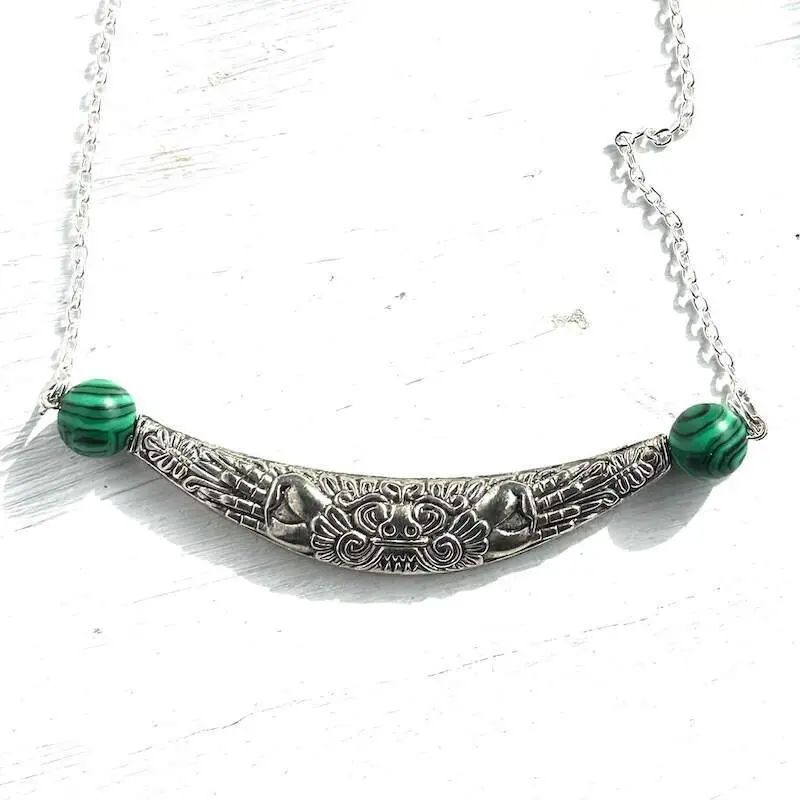 Malachite and pewter necklace with a Chinese dragon focal in an arc shape