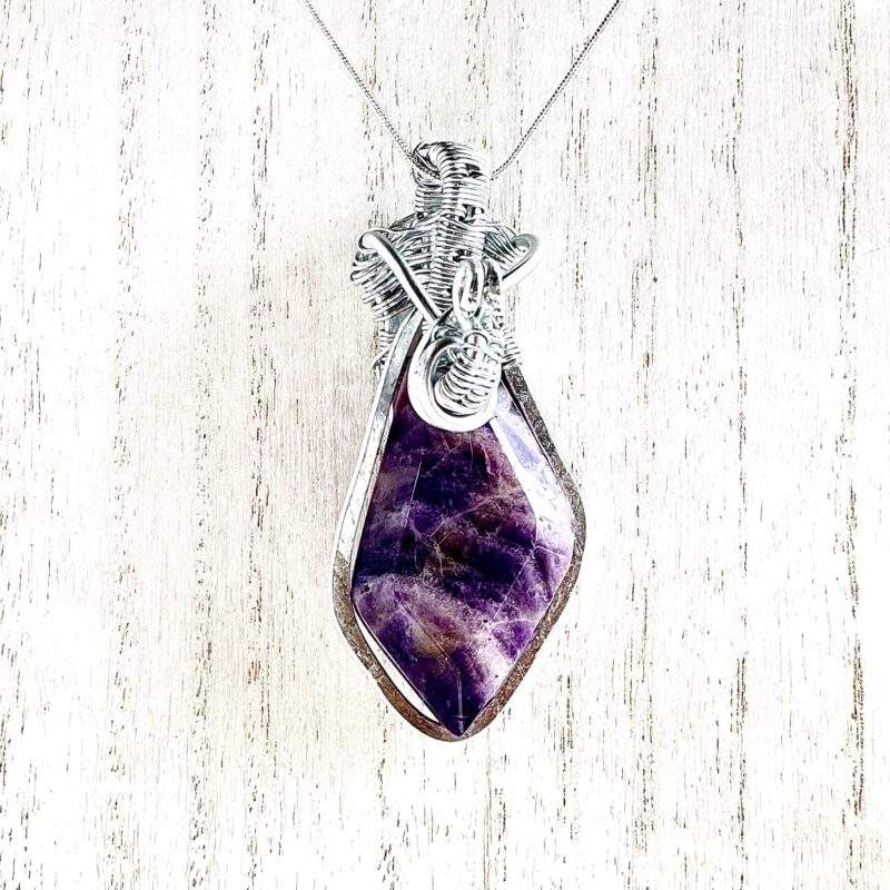 Wire wrapped banded amethyst kite shaped necklace