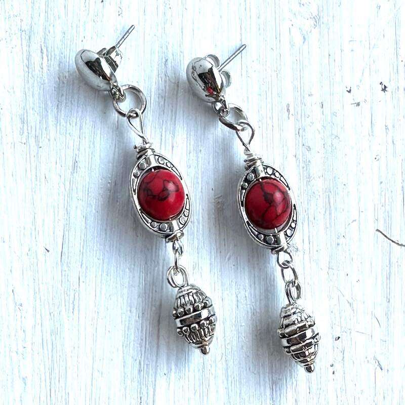 Red howlite earrings with silver beads