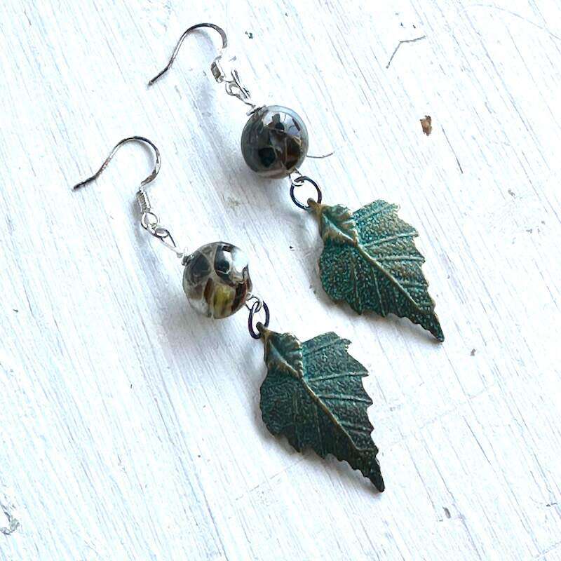 silver leaf jasper earrings with patina'd bronze leaf elements