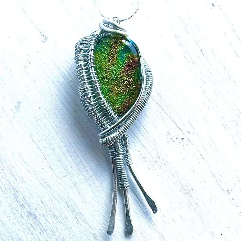 Green and rust colored dichroic wire wrapped necklace