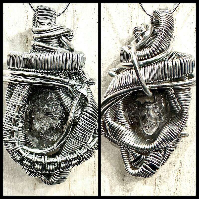 A split screen showing both sides of a Herkimer diamond necklace that has been wire wrapped