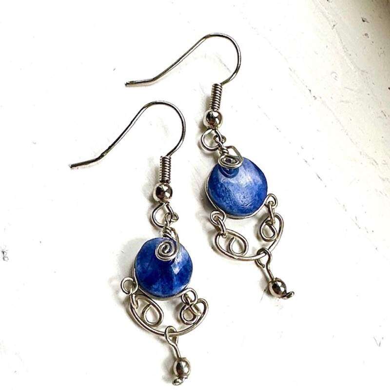 Sodalite earrings wrapped in swirls of sterling silver